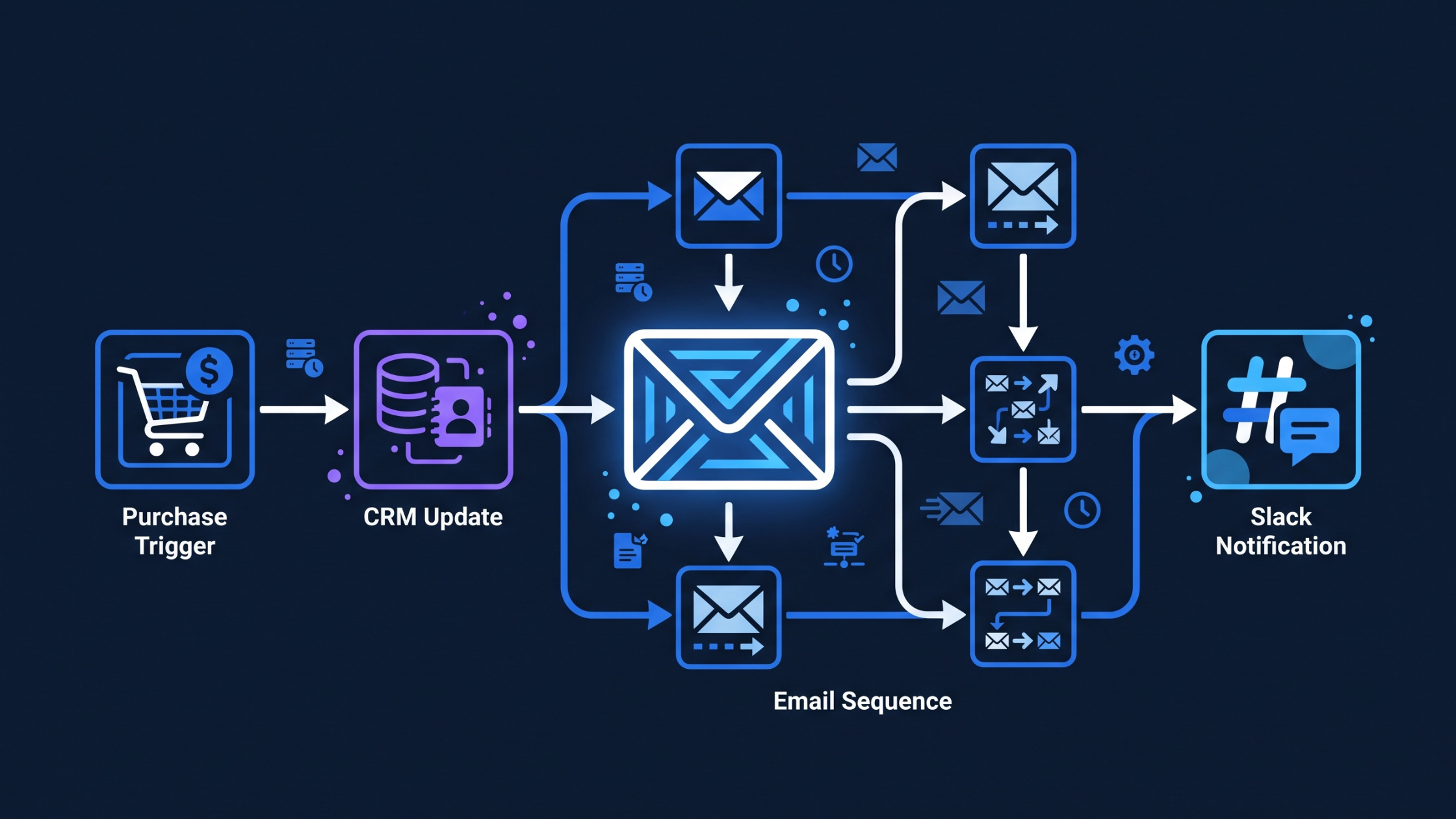 Diagramma a blocchi di un flusso automatizzato e-commerce: trigger acquisto, aggiornamento CRM, email sequenza, notifica team